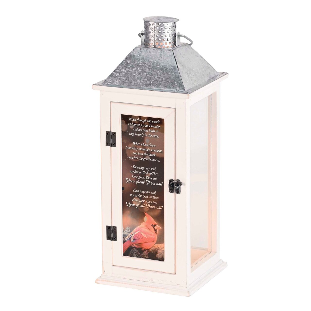 Edge Collection - 17" x 6.5" x 6.5" - White - Inspirational Lantern with Cardinal and Hymn Lyrics - 1 Piece